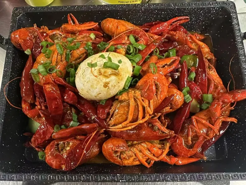 Spicy Sichuan-style crayfish with a whole steamed egg at NO WINE NO NIGHT, a Chinese Restaurant in Rowland Heights
