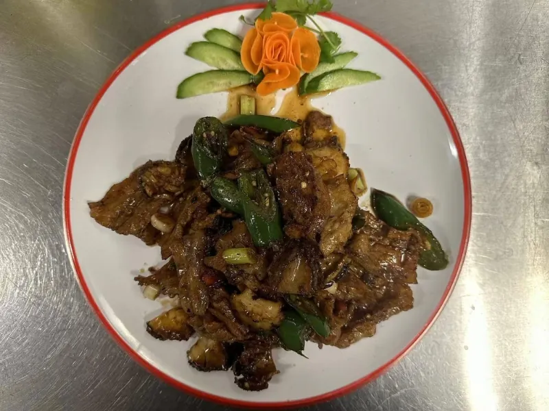Savory stir-fried pork with green peppers & garlic at NO WINE NO NIGHT, a Chinese Restaurant in Rowland Heights